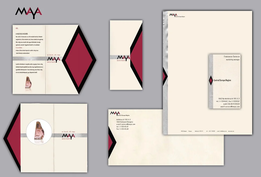 Maya Parfüm branding: letter, envelope, business card, brochure graphic design