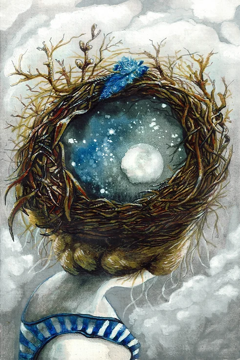 Illustration of a girl seen from above, with a bird's nest on top of her head. Graphic Design & Illustration