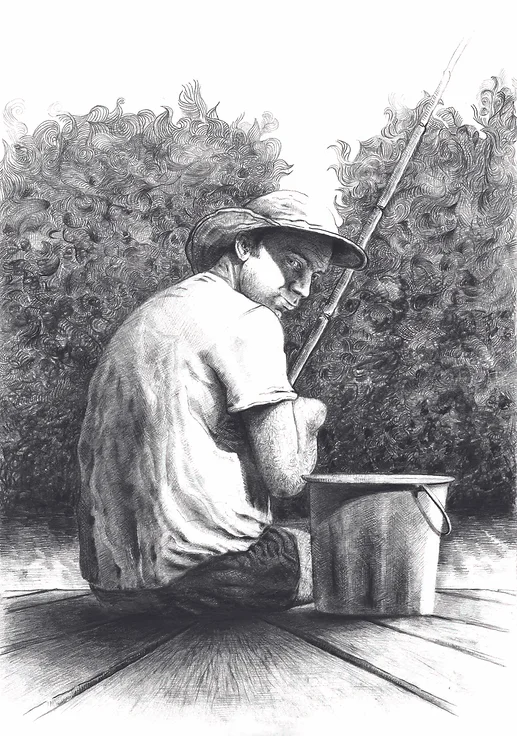 A fishing man sits on a fishing pier and looks back at the viewer.