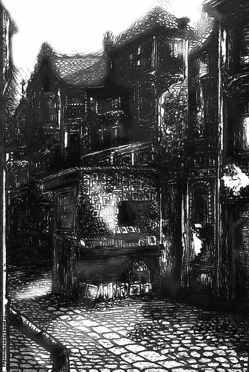 Detail of a street with a stall selling newspapers