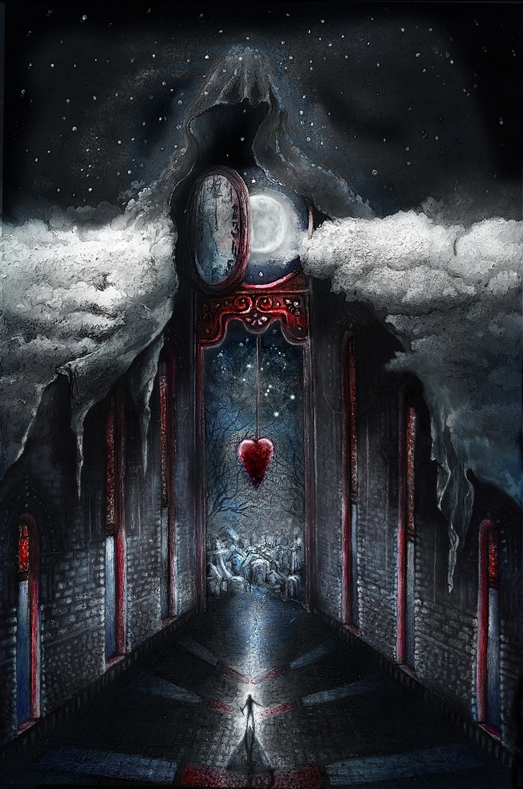 A huge hooded figure towers over a tiny man. His mantle is spread open, inside is a monastery, its door leads to a cemetery, above it is the starry sky and the full Moon.