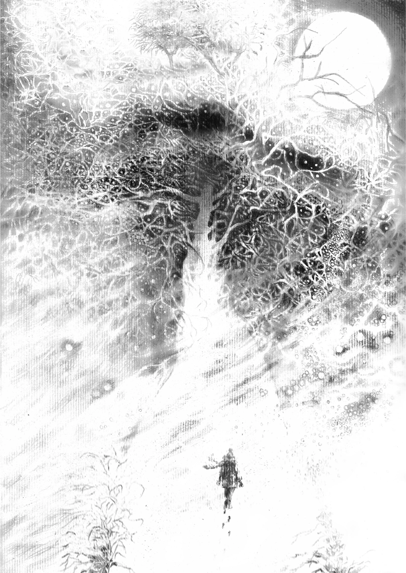 A figure walking in a blizzard, whose path seems to be the trunk of a tree and is heading towards the foliage between winding branches.