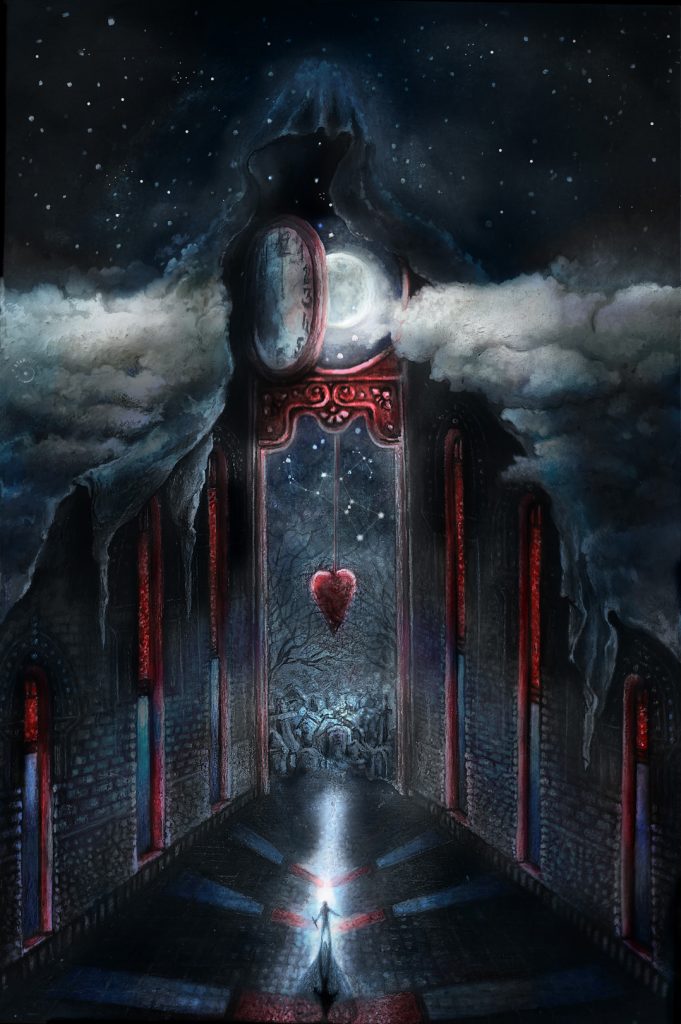 Illustration. A huge hooded figure towers over a tiny man. His mantle is spread open, inside is a monastery, its door leads to a cemetery, above it is the starry sky and the full Moon.