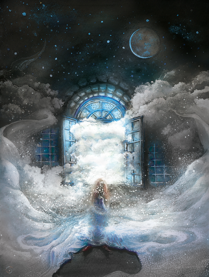 Woman, Persephone, sits in a pile of veils under the window and when she blows the dandelions, they turn into stars and fly towards the new moon