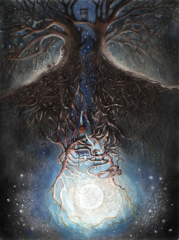 A woman clings to the root of a tree hanging in the ravine with one hand, and holds a little girl with her other hand so she doesn't fall. Below them is the sky with the full moon and stars.