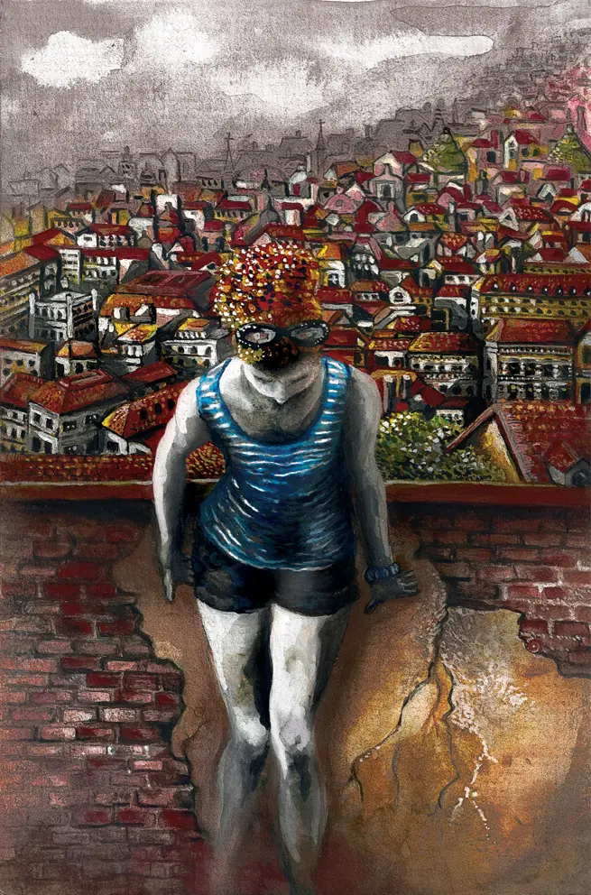 A girl with her back to the crowded city, looking down