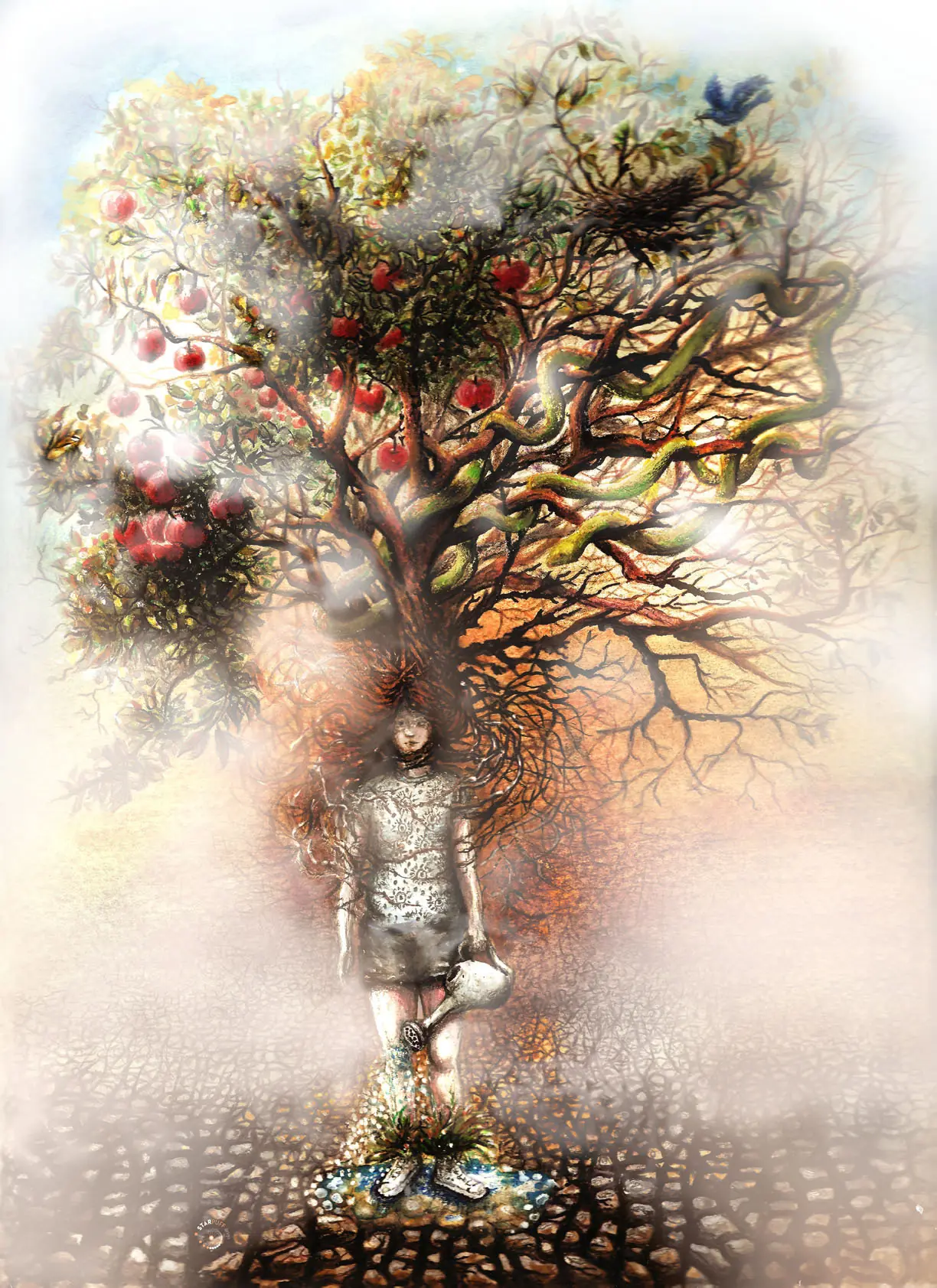 A girl stands on the desert's dry ground, watering her own feet with a watering can. Tree canopy on head with bird, many apples and snake.
