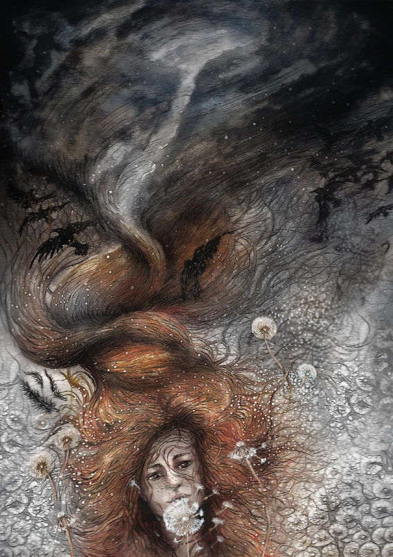 A woman's long hair swirls up into the sky like a tornado where crows fly. She was just blowing a dandelion, which is windless.
