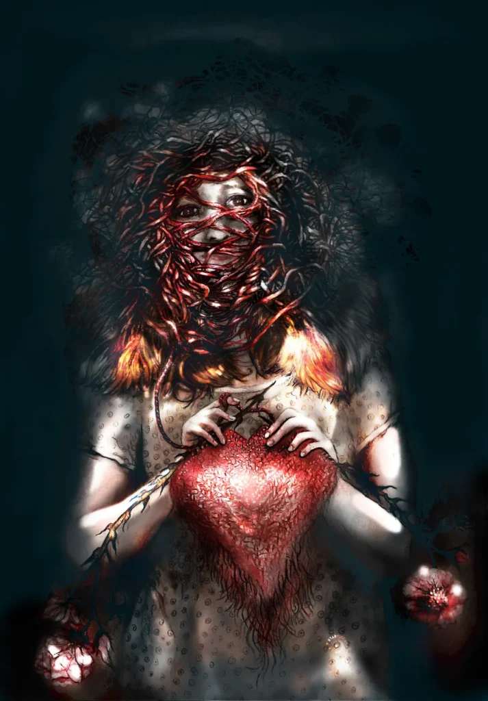 A woman stands facing the viewer, her head is wrapped around the tree branches like tendrils, only her eyes are visible. From this tangle, a red rag ties a heart.