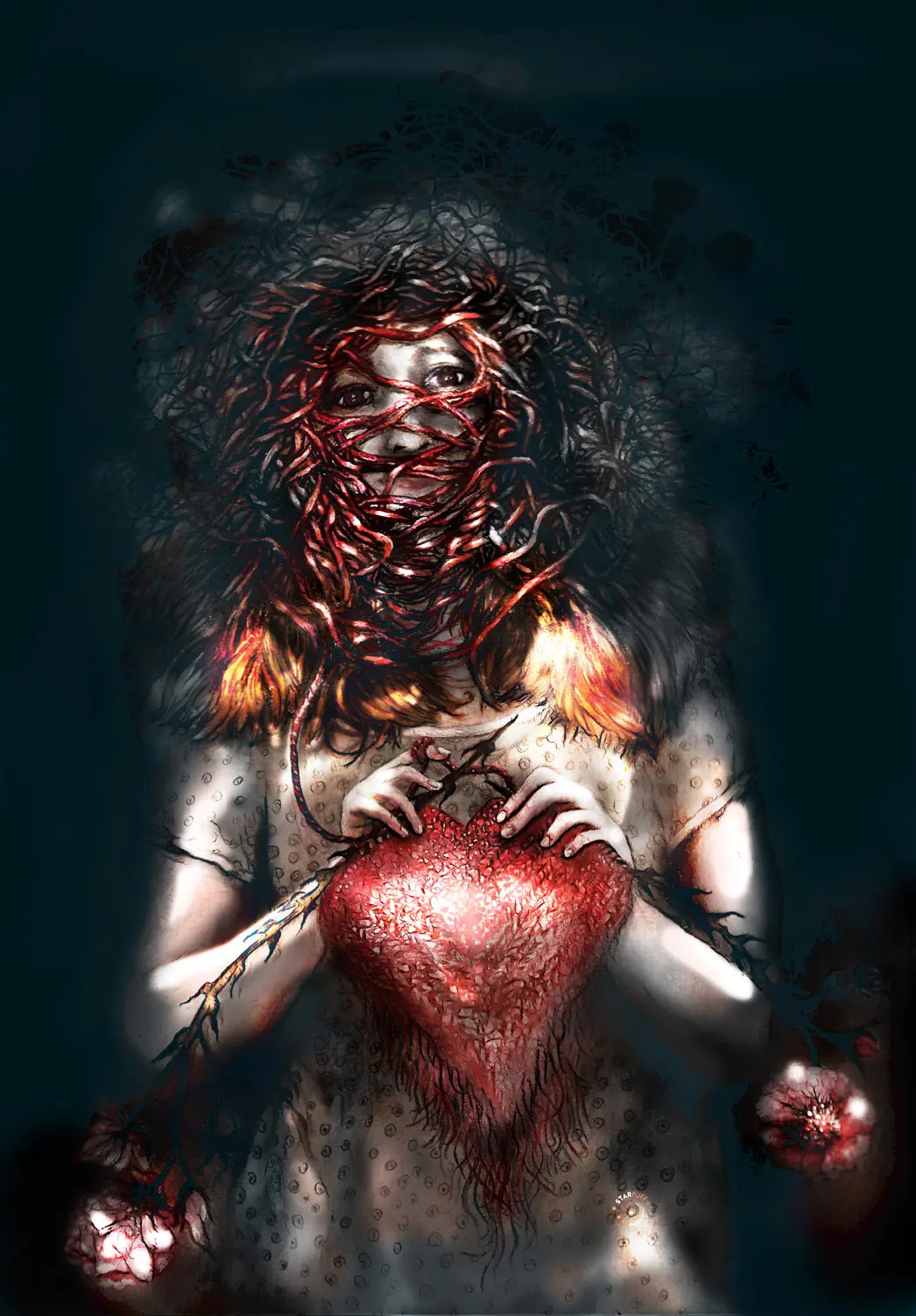 A woman stands facing the viewer, her head is wrapped around the tree branches like tendrils, only her eyes are visible. From this tangle, a red rag ties a heart.