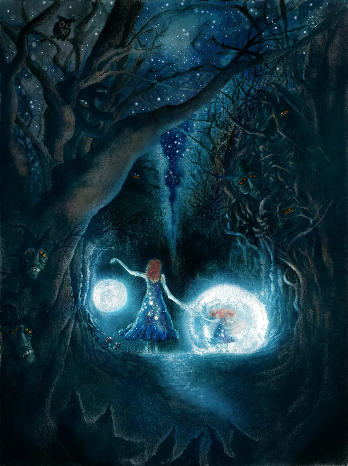 In the dark forest, a woman and a little girl walk forward, the star trail above them. The woman holds the full moon in one hand, like a lantern, with the other she holds the hand of the little girl, who is enveloped in light. Around them, terrifying furs peer through the trees.