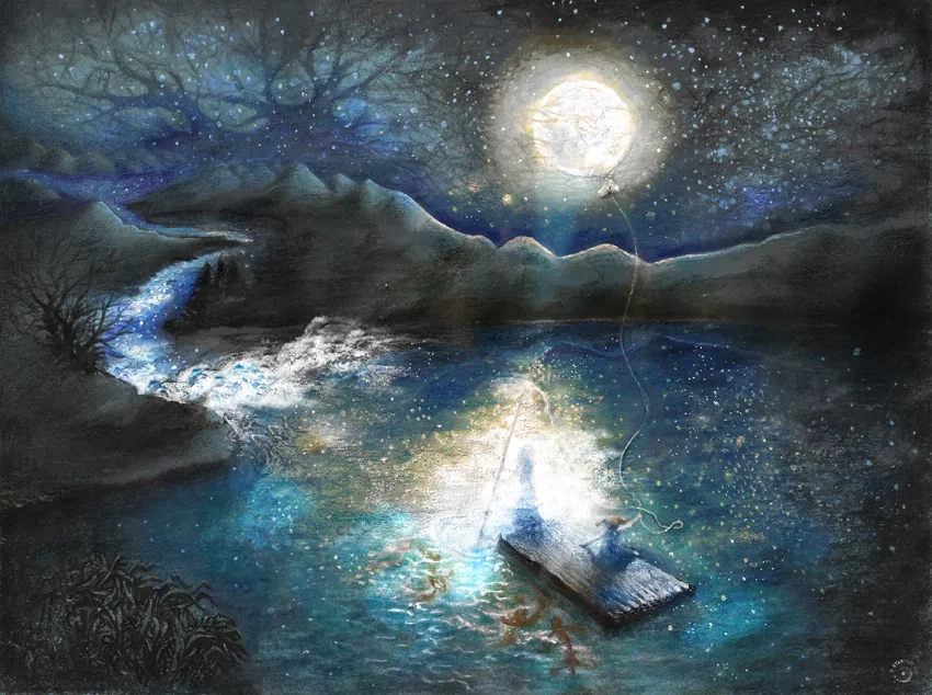 A wooden raft floats on the starry night river leading to the sky. A little girl is sitting on it, holding a balloon, which is the full moon itself, and a woman is rowing.