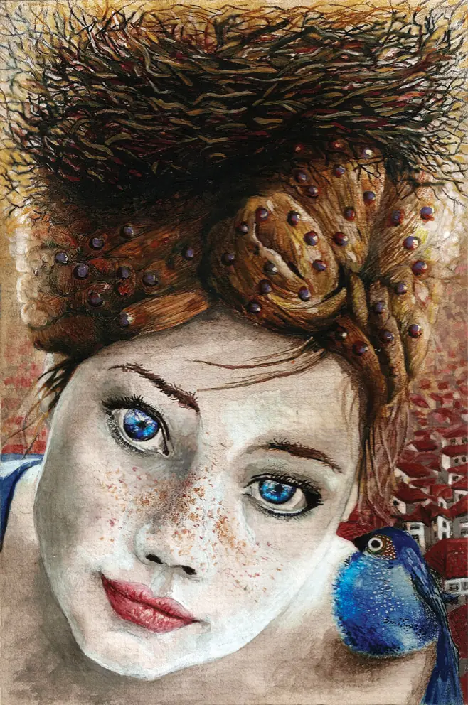 face of a girl looking into the viewer's eyes, with a bird's nest on her head and a blue bird on her shoulder.