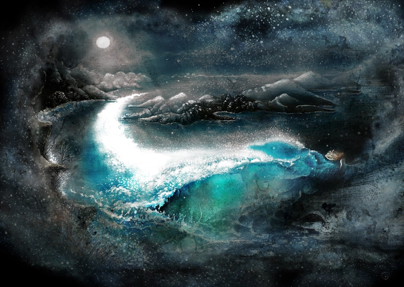 A woman flies on the back of a wave bird on a river lit by a full moon.