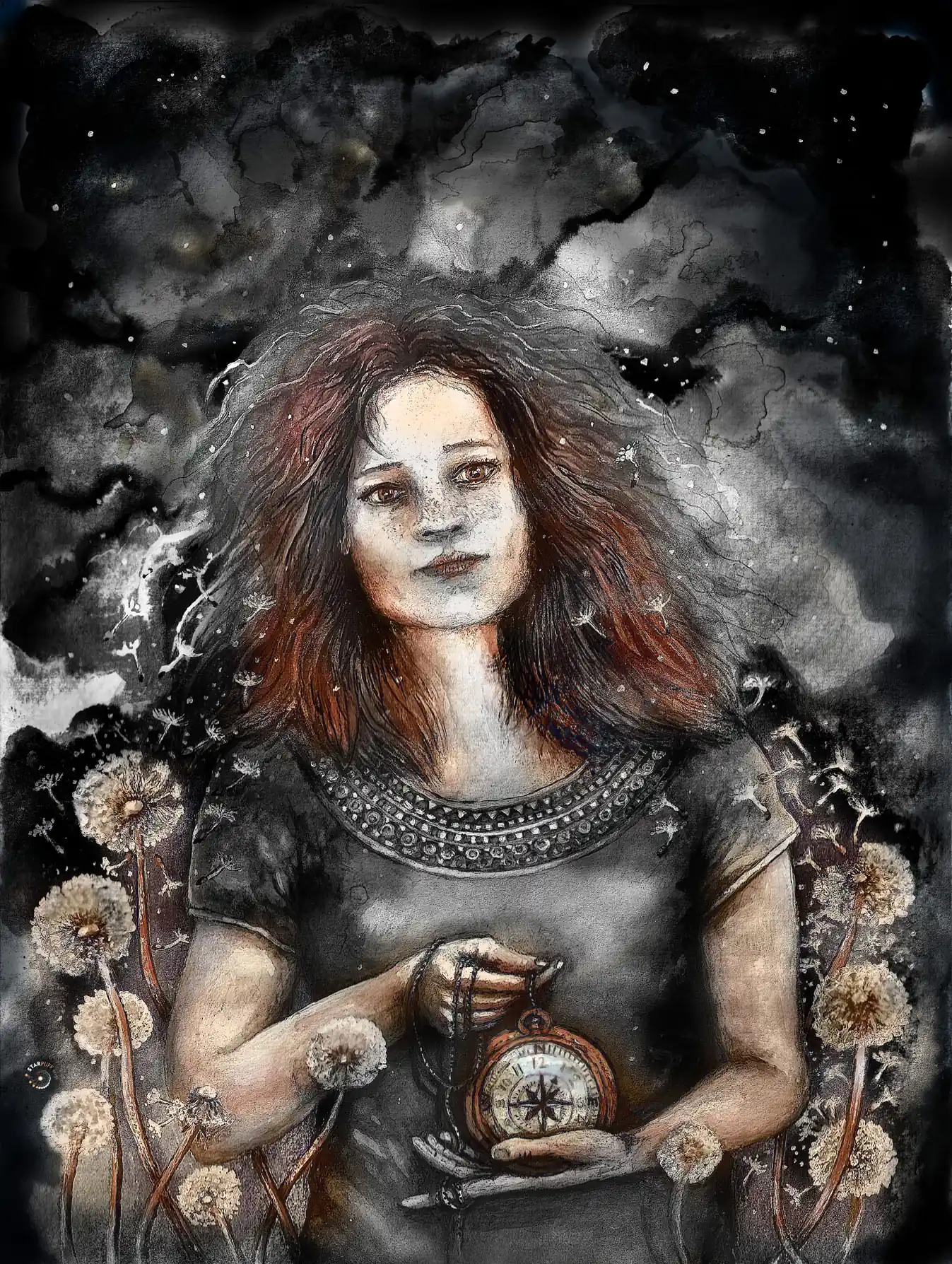 A woman in doubt, holding a compass.