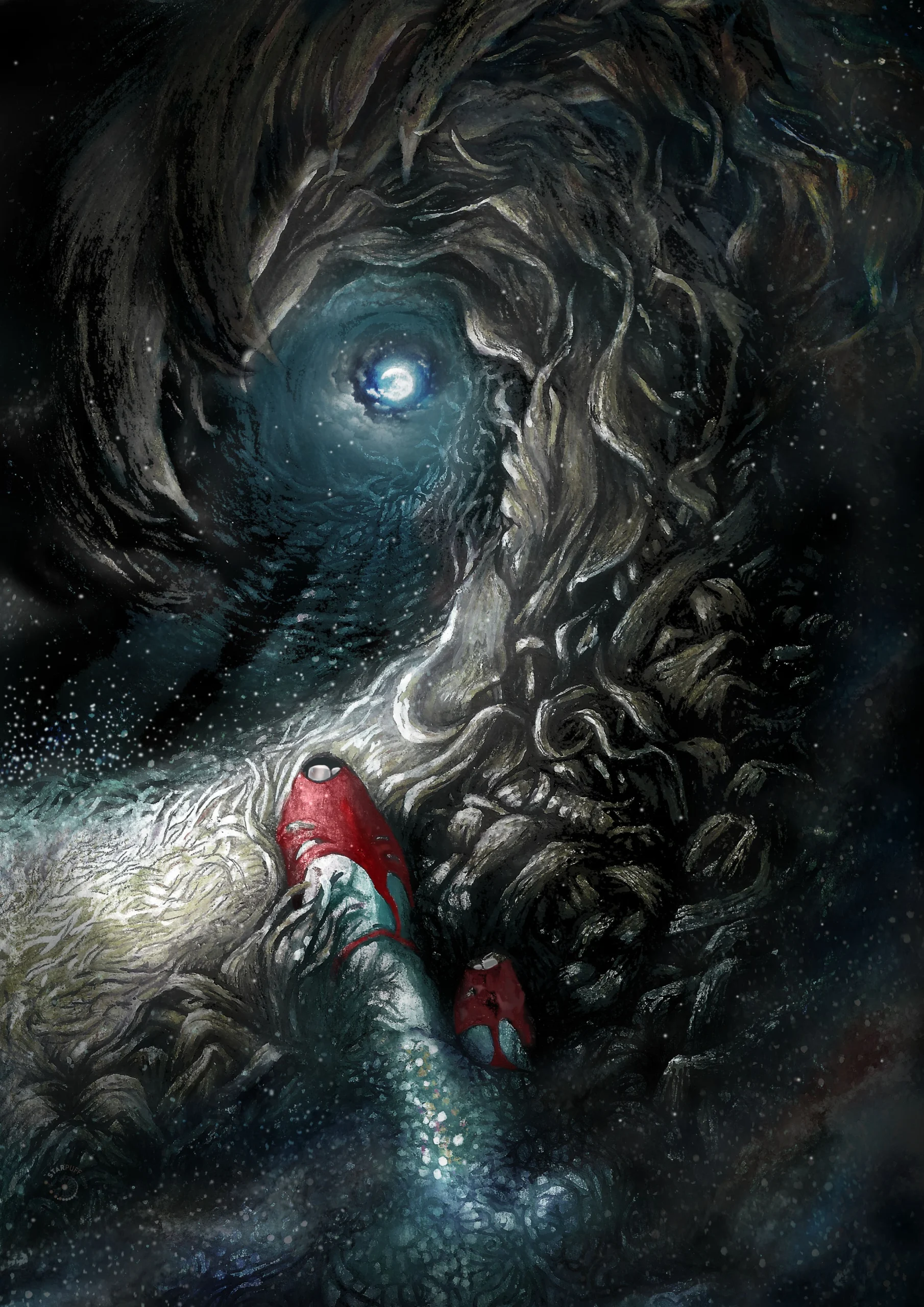 The earth opens up under a woman's feet and pulls her down like a vortex into the depths, where the full moon shines.