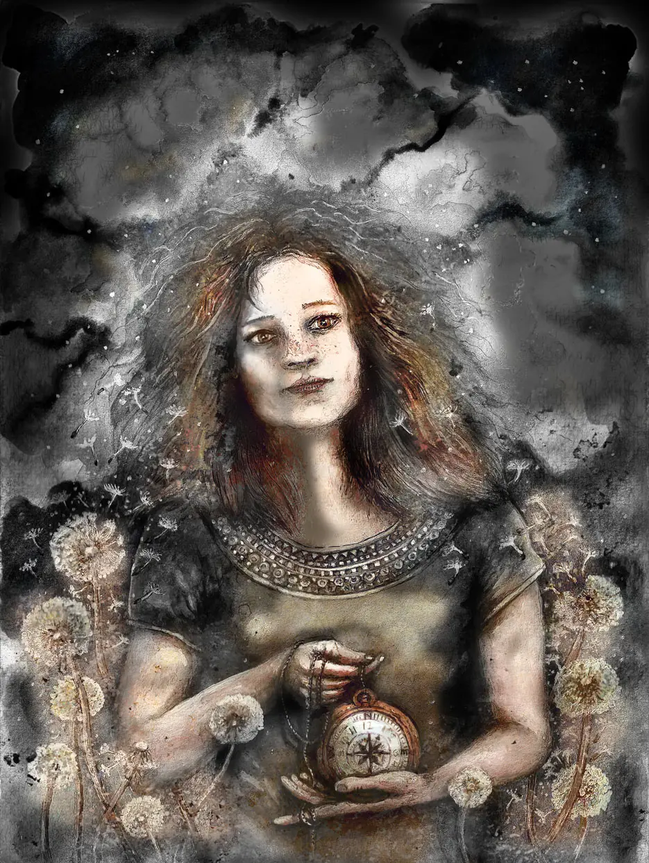 A woman in doubt, holding a compass.