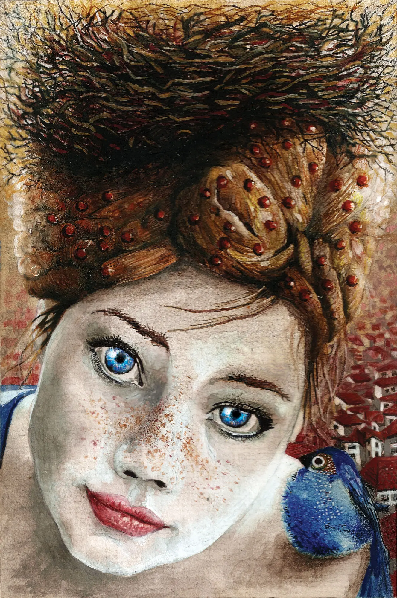 face of a girl looking into the viewer's eyes, with a bird's nest on her head and a blue bird on her shoulder.