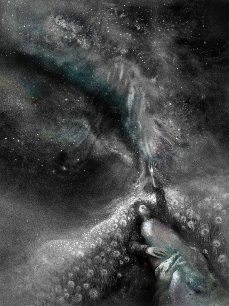 A woman lying on her back on a white dandelion hill, stretching her hand towards the Milky Way, surrounded by floating dandelion flowers and stars in 'Milky Way Intersection.