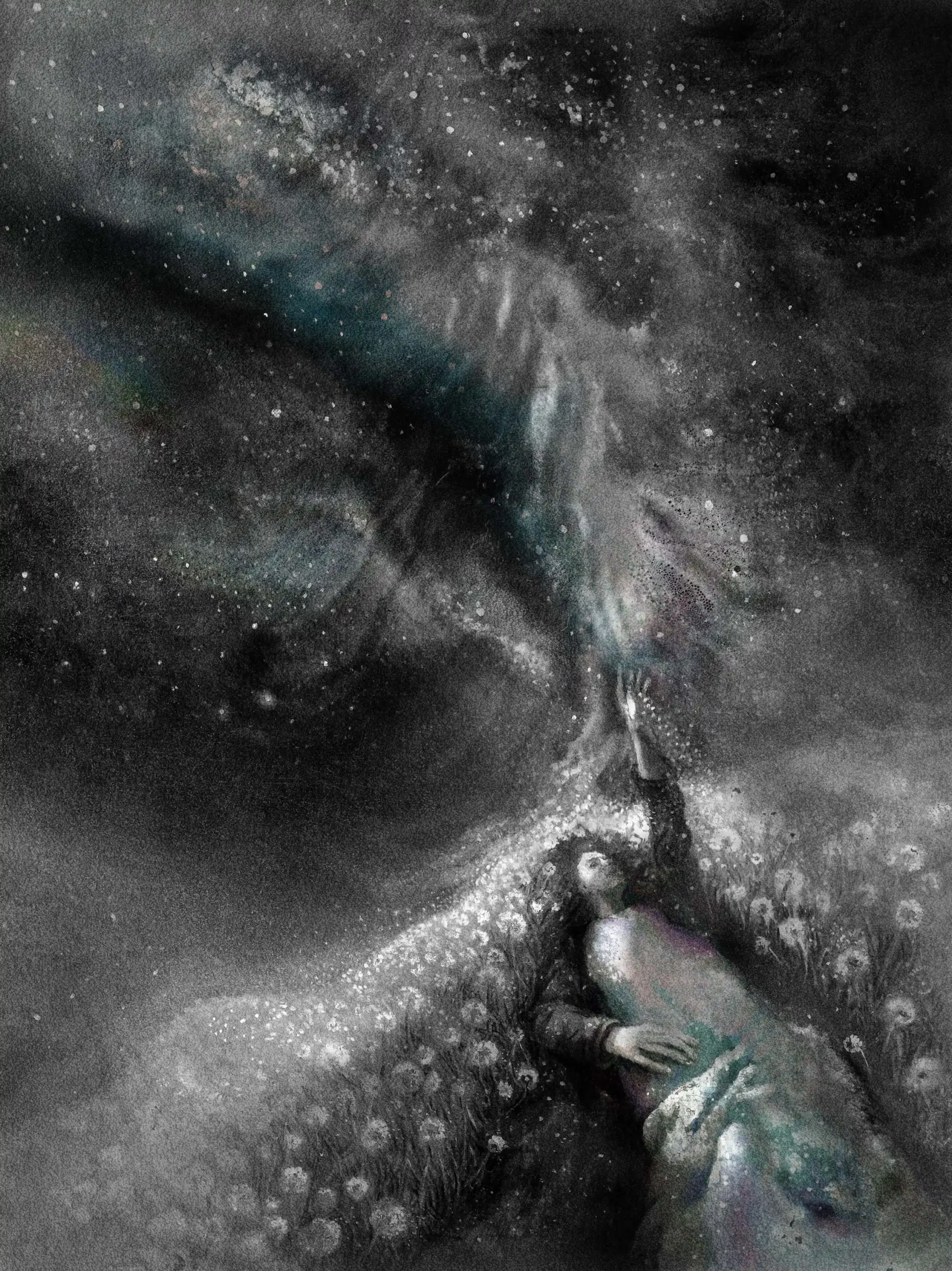 A woman lying on her back on a white dandelion hill, stretching her hand towards the Milky Way, surrounded by floating dandelion flowers and stars in 'Milky Way Intersection.