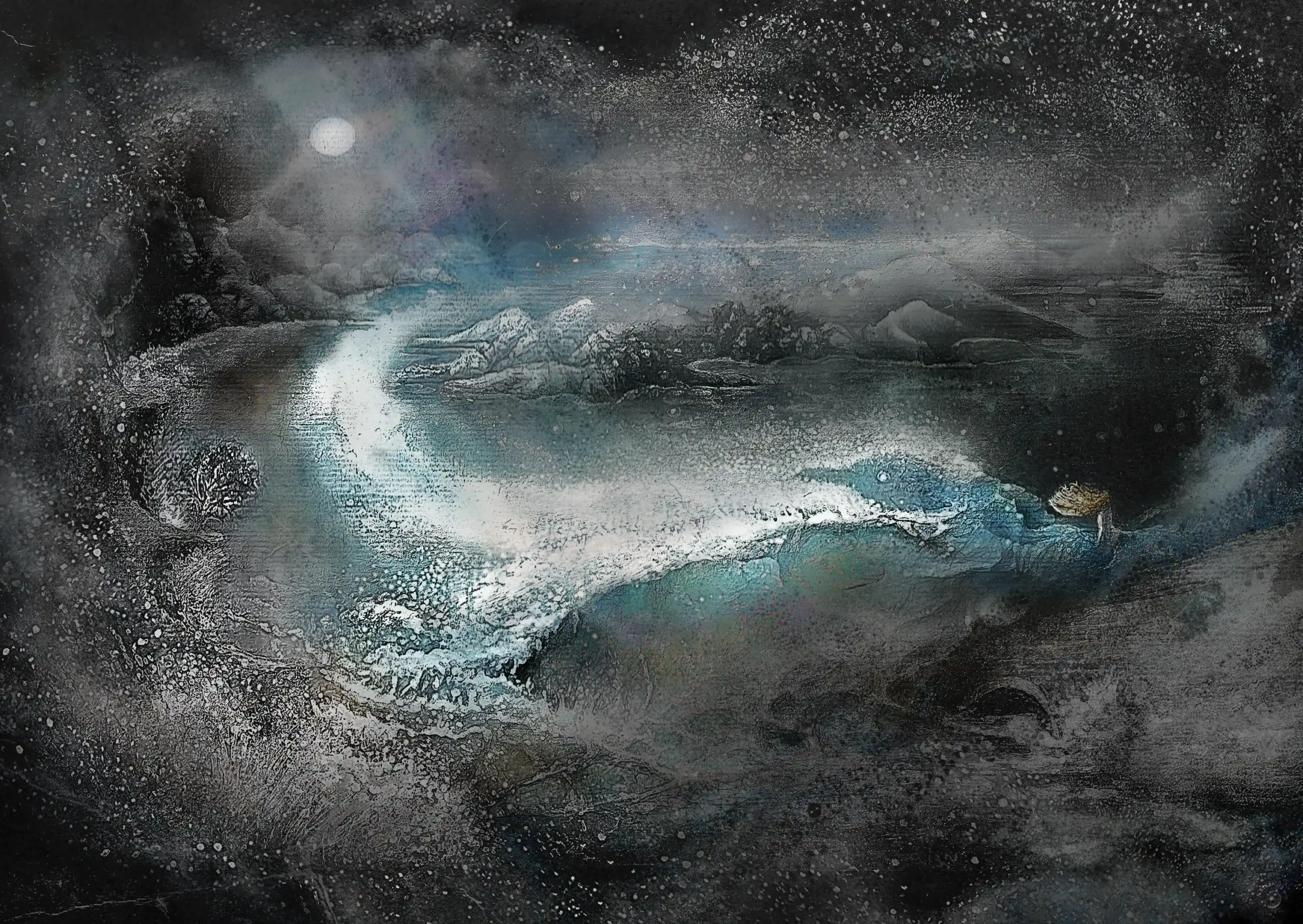 A woman flies on the back of a wave bird on a river lit by a full moon.