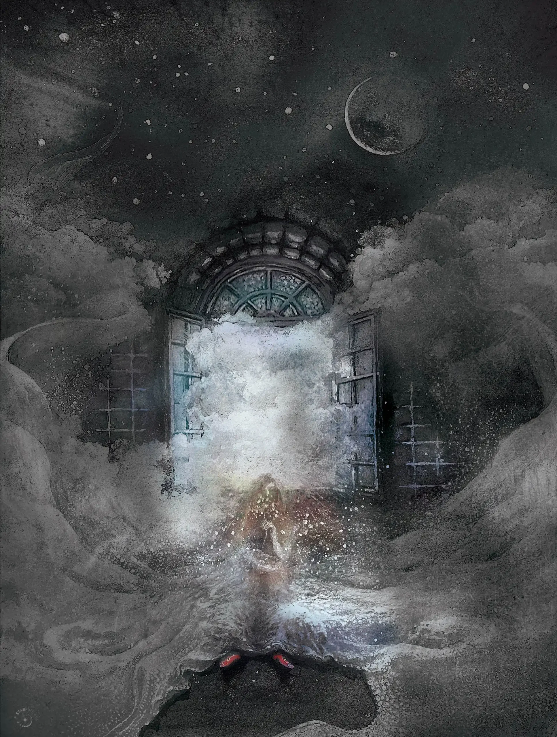 Persephone, sits in a pile of veils under the window and when she blows the dandelions, they turn into stars and fly towards the new moon