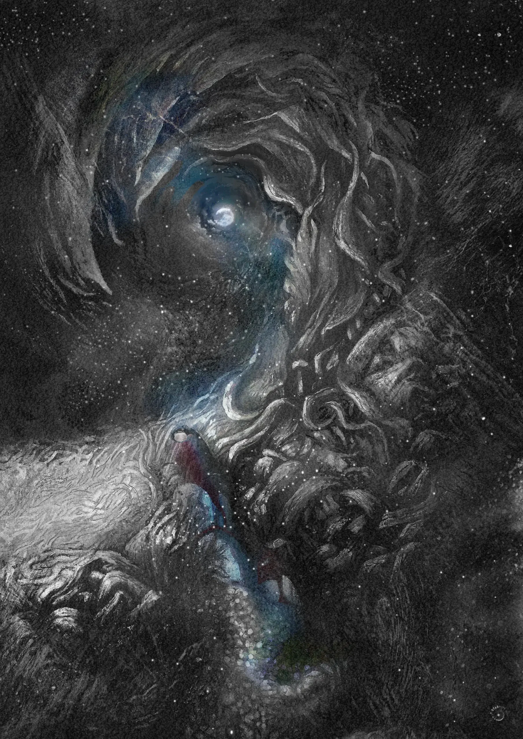 The earth opens up under a woman's feet and pulls her down like a vortex into the depths, where the full moon shines.