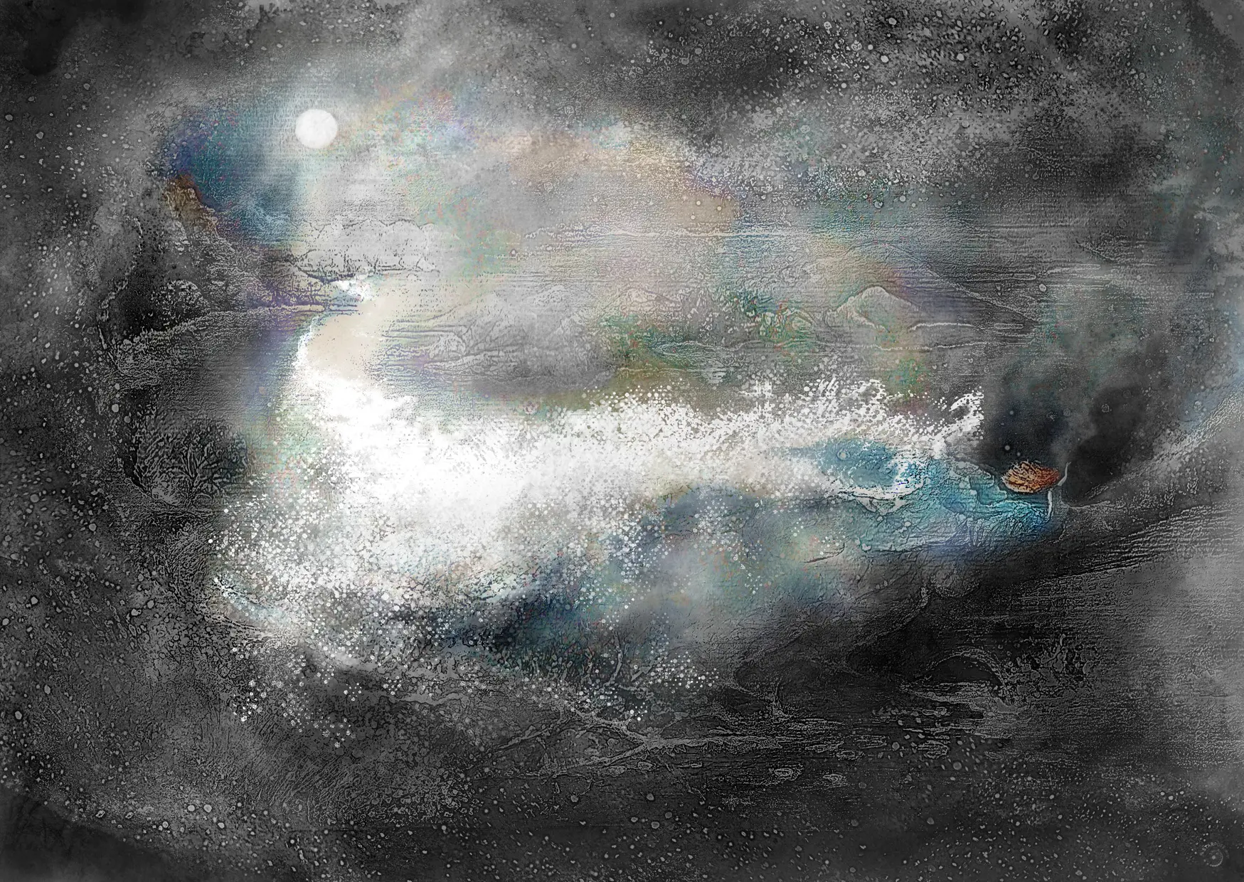 A woman flies on the back of a wave bird on a river lit by a full moon.